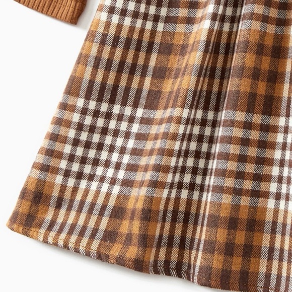 Women Ribbed Spliced Brown Plaid Belted Dresses and Long-sleeve Colorblock Tops - Picture 3 of 9